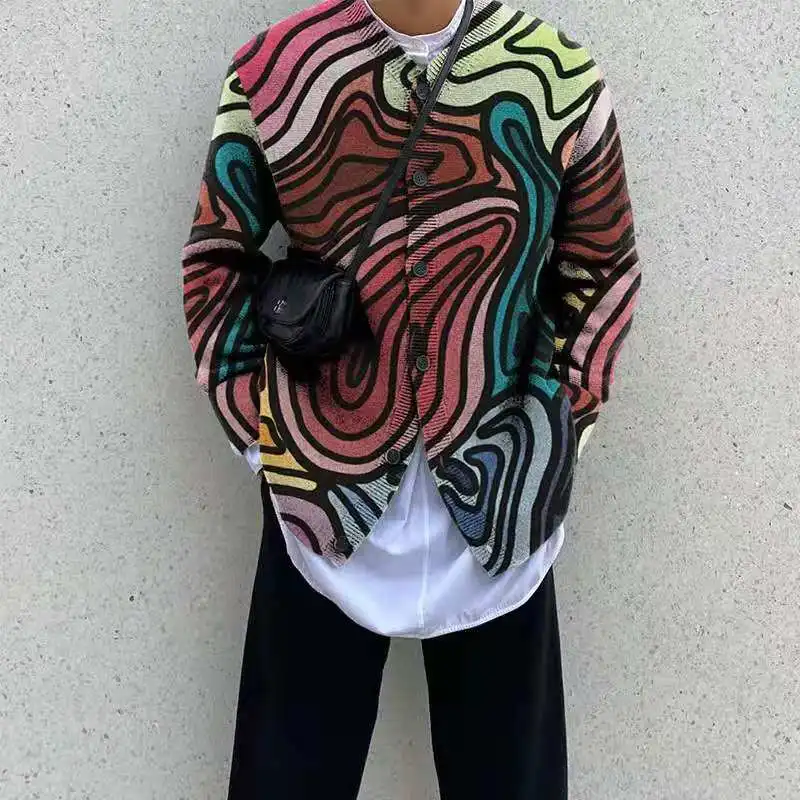 

2021 men's knit sweater coat fashion high quality brand loose top retro print long sleeve blazer cardigan casual jacket