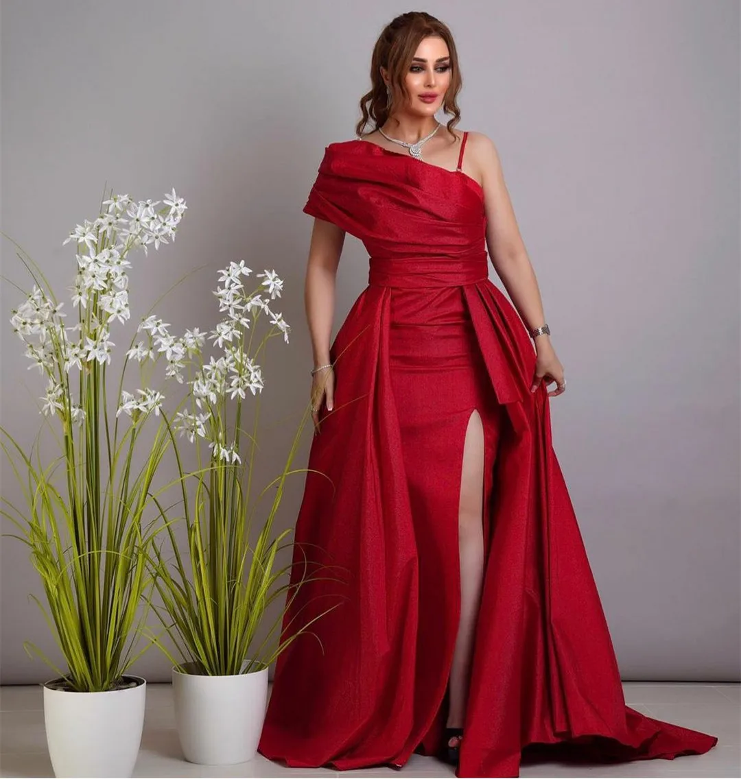 

Длинные красные Вечерние платья из тафты с разрезом, платья-русалки для выпускного вечера, платье на одно плечо, вечернее платье