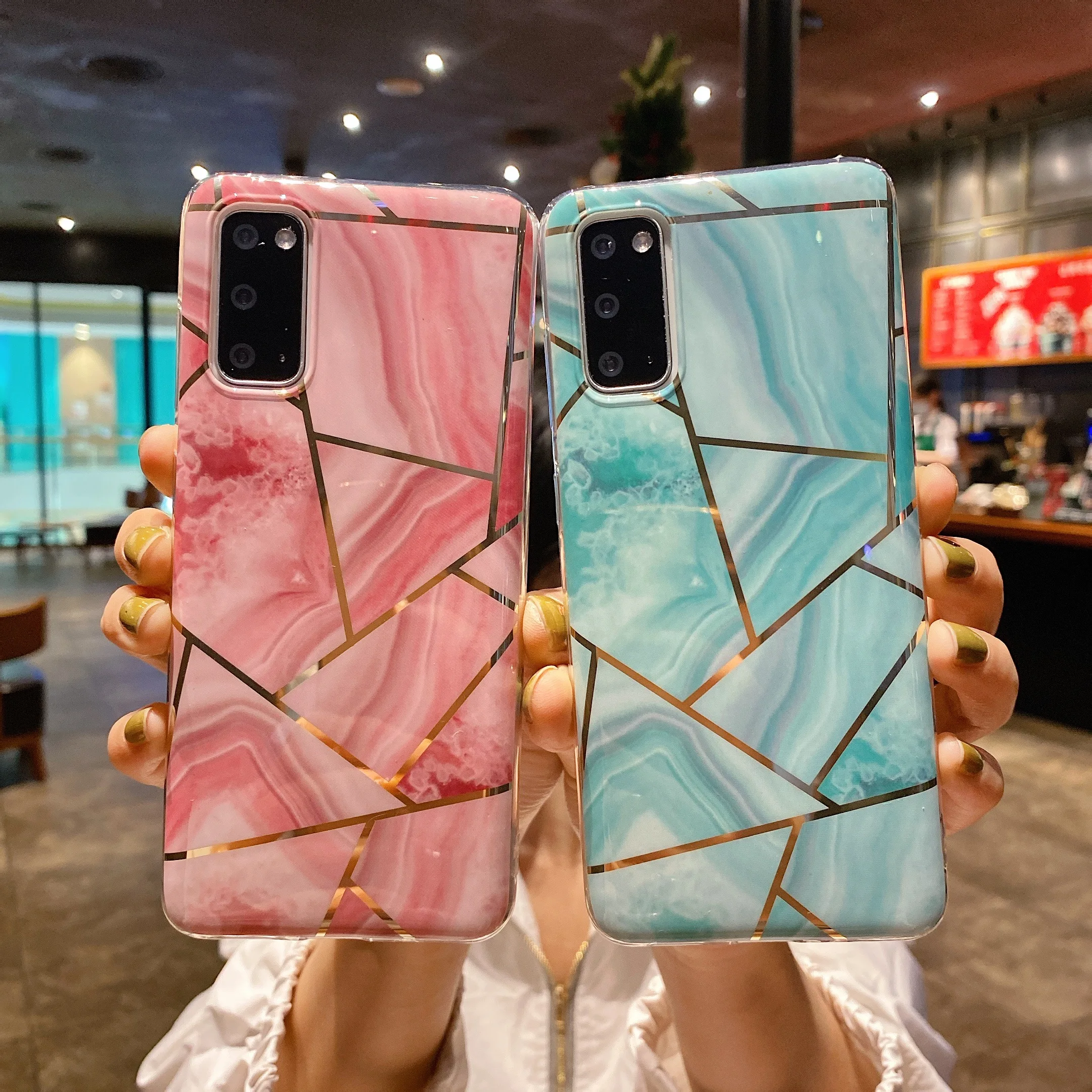 

Marble Geometry Glitter Phone Case For Galaxy S20 Plus S21 Ultra S10 S9 S8 Note8 Note9 Note 10 Soft Cover Full-Body Protect