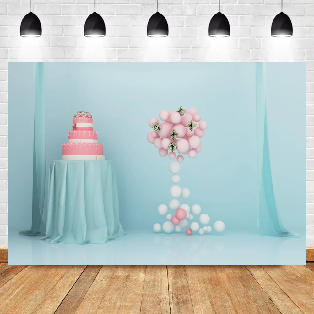 

Laeacco Baby Birthday Scenic Balloons Cake Baby Photocall Background Blue Wall Toys Family Shoot Child Portrait Photo Backdrop
