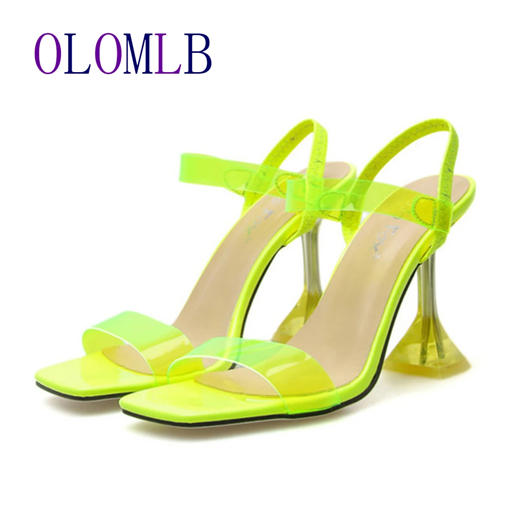 2020 желтые прозрачные женские босоножки из ПВХ туфли на высоком каблуке с острым