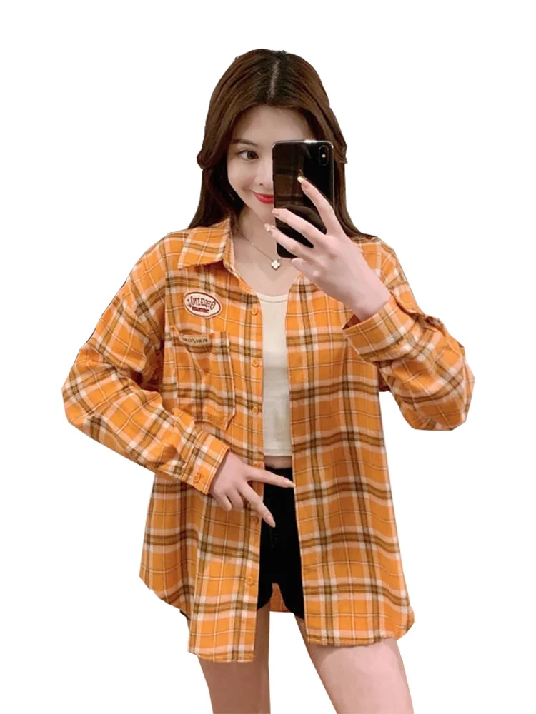 

Spring New Fashion Casual Embroidered Letters Printed Shirt Loose All-Matching Slimming Plaid Shirt for Women
