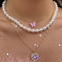 3pcsset wedding women fine multi layer pearl necklace girl butterfly pink heart shaped diamond neck clavicle chain jewelry gift