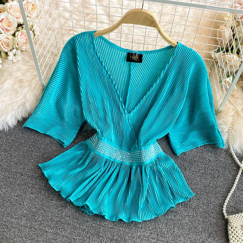

V-Neck Fashion Suits With Skirt Summer Laies Dress Sets Short Sleeve Red Folds Wrap Dress Outfits For Women Designer Clothes