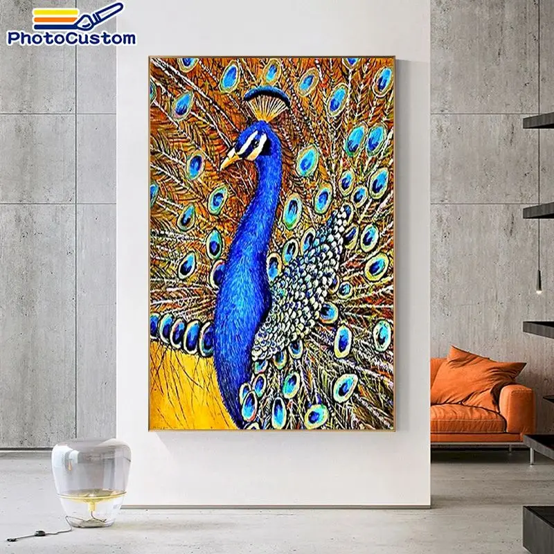 

PhotoCustom Acylic Frame Painting By Numbers Peacock Kits Modern Wall Art Picture By Numbers Animals Diy Gift Acrylic Canvas