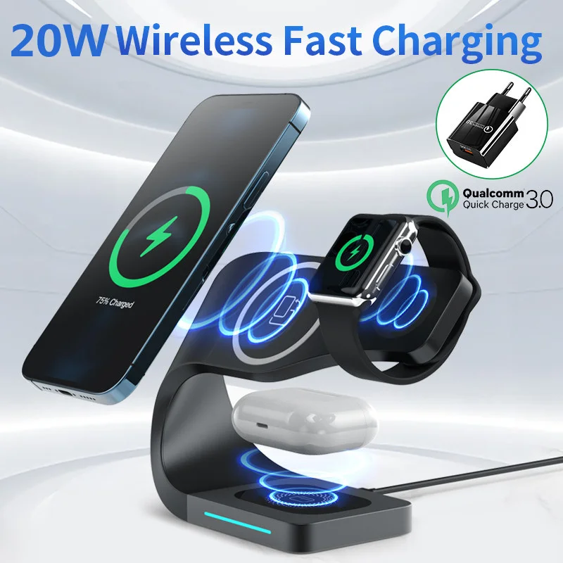 

20W QI Magnetic Wireless Charger Stand 4 In 1 Fast Charging Dock Station For Magsafe Iphone 12 Pro X Max Apple Watch Airpods Pro