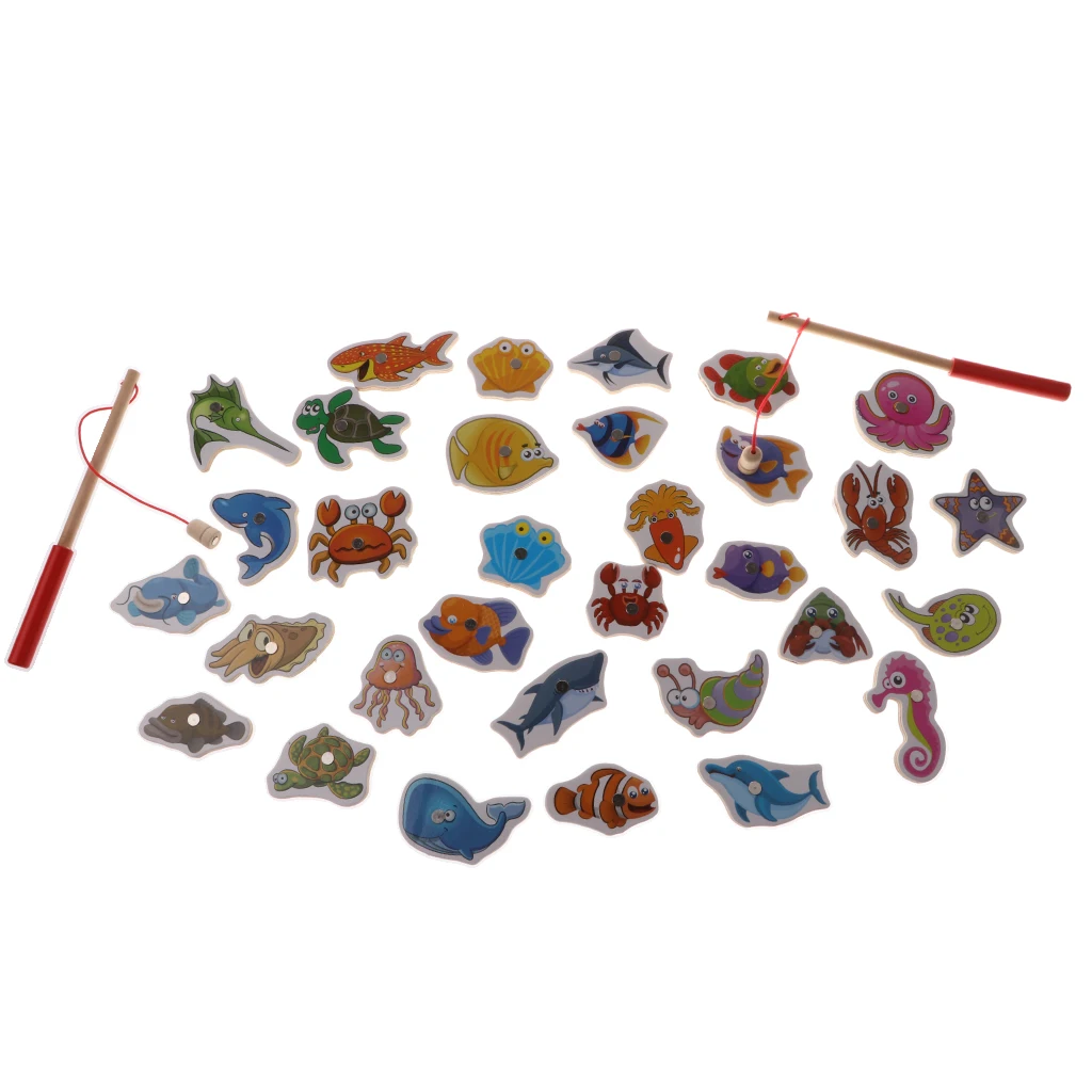 

34 Pieces Preschool Wooden Magnetic Fishing Fish Game Toy Set Play Fun