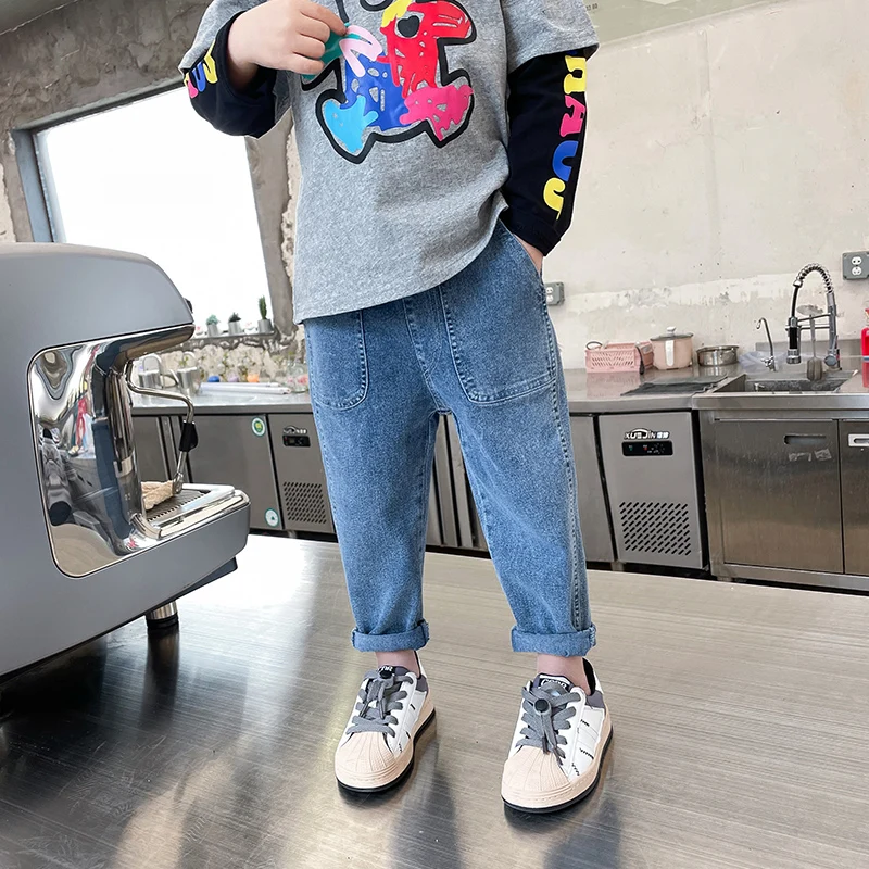 

Новинка для мальчиков и девочек джинсовые штаны 2021 в Корейском стиле на весну и осень; Детские брюки; От 0 до 9 лет эластичная резинка на талии...