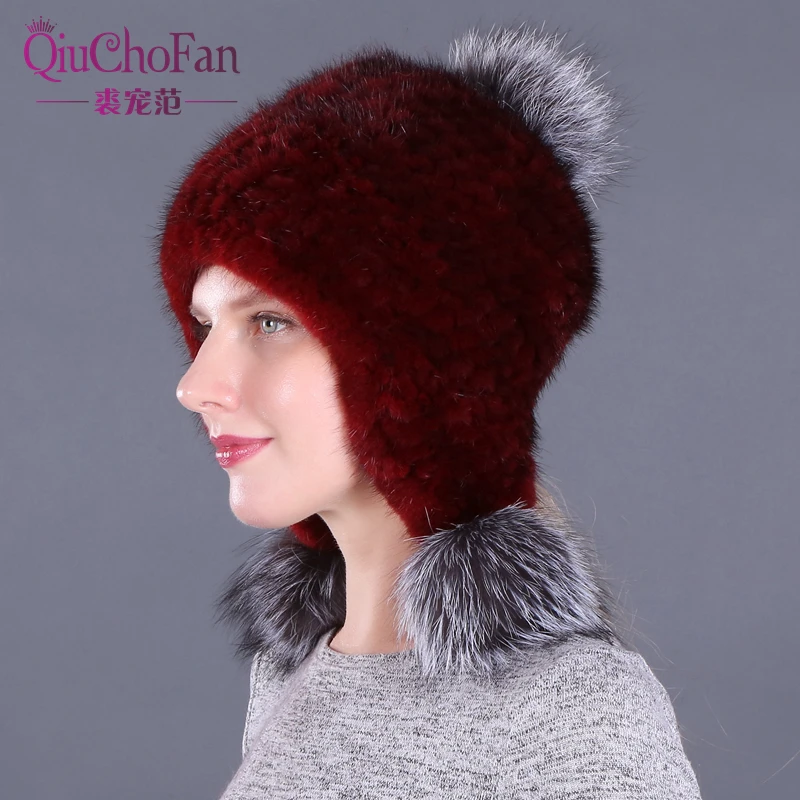 Серебристая помпон из лисьего меха шапка для женщин зимняя женская меховые