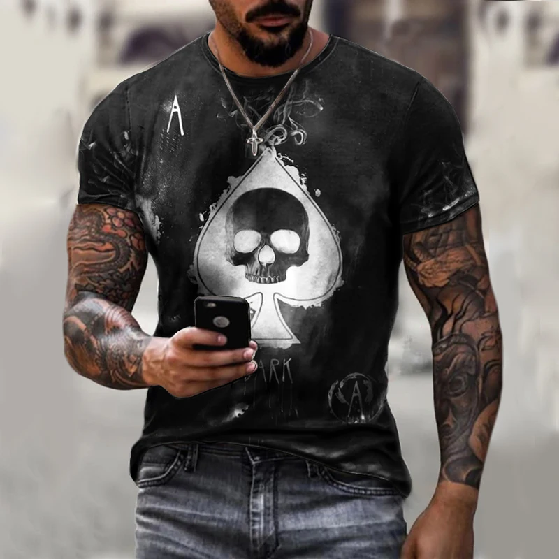 

Summer Men's Fashion Vintage Spades Skull Print Tops Casual O-Neck Short Sleeve Tee Shirts Male Sportwear Streetwears Pullovers