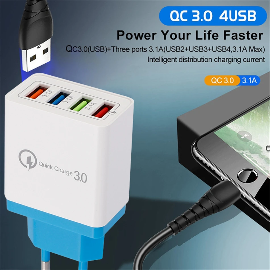 4 USB зарядное устройство EU US порт 5V 3A дорожный настенный адаптер для мобильного телефона микро-зарядка данных для iphone samsung Xiaomi huawei зарядное устройство