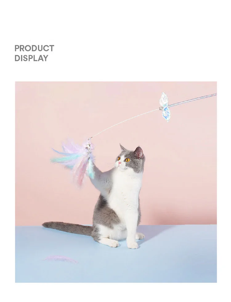 

Cat Interactive Toy Dreamy Stick Feather Wand With Small Bell Mouse Cage Toys Plastic Artificial Colorful Cat Teaser Toy Supplie
