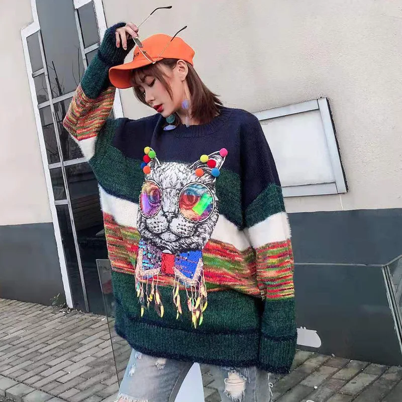 

Vefadisa Plus Size Animal Cat Print Women Sweater 2020 Autumn Winter O-Neck Striped Sweater Tassle Pullover Sweater Blue QYF3237