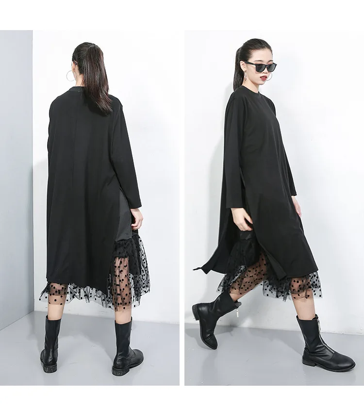 

Hot Selling Women Black Mesh Dot Split Joint Dress New Long Sleeve Loose Fit Fashion Tide Spring Autumn Dresses