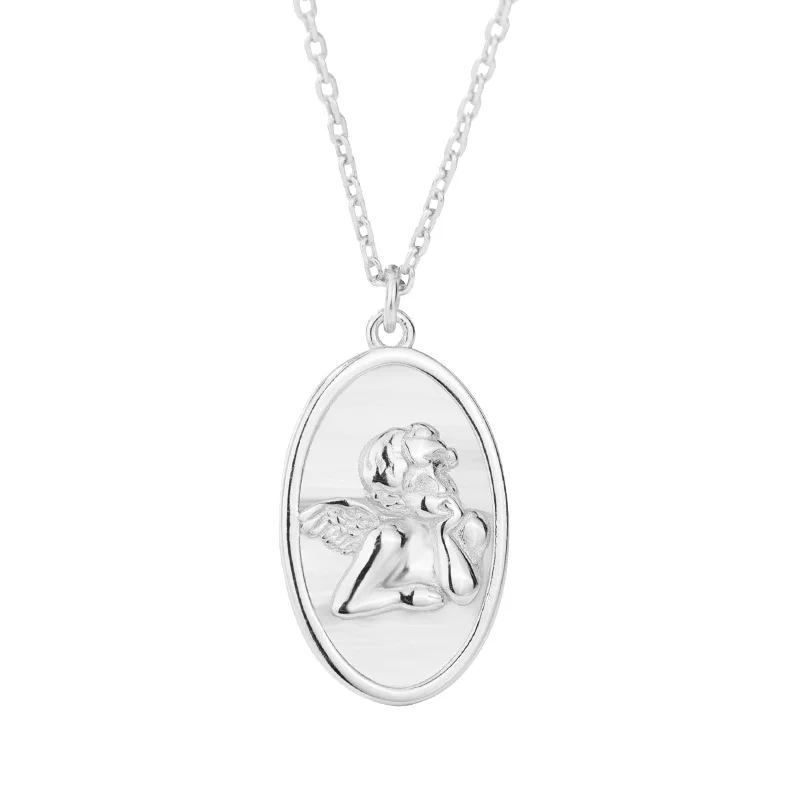 

925 Sterling Silver Necklaces Gift For Women Korean Simple Love Angel Oval Gold Pendants Necklace Cadena Plata Jewelry