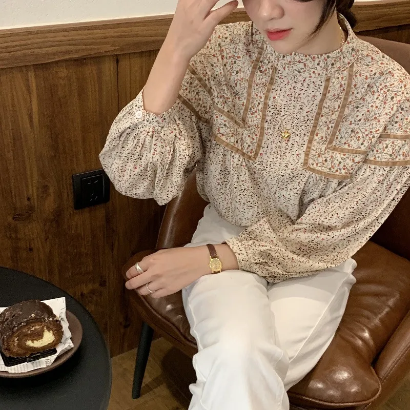 

Korean Chic Retro Blouse Women Kimono Style Floral Stand Collar Loose Lantern Sleeve Doll Shirt Sweet Female Blusas Bottom Tops