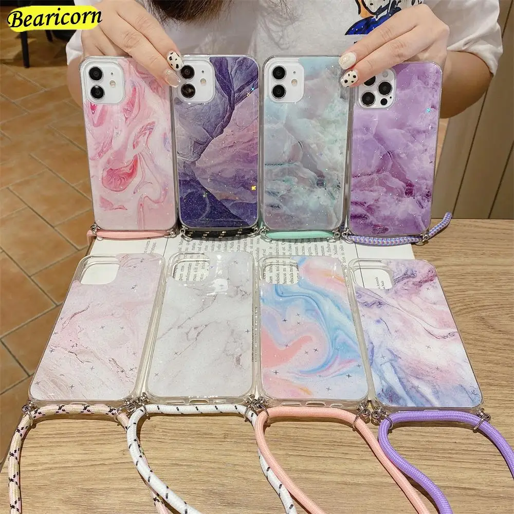 

Classic Marble Granite crossbody lanyard soft phone case for iPhone 11 12 13 Mini Pro X XS Max XR SE 2020 7 8 6 Plus Cover Case