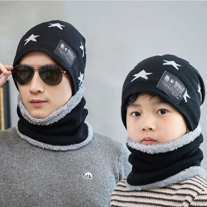 hats for child New male set cap five-pointed star woolen Autumn winter warm knit parent-child hat | Аксессуары для одежды