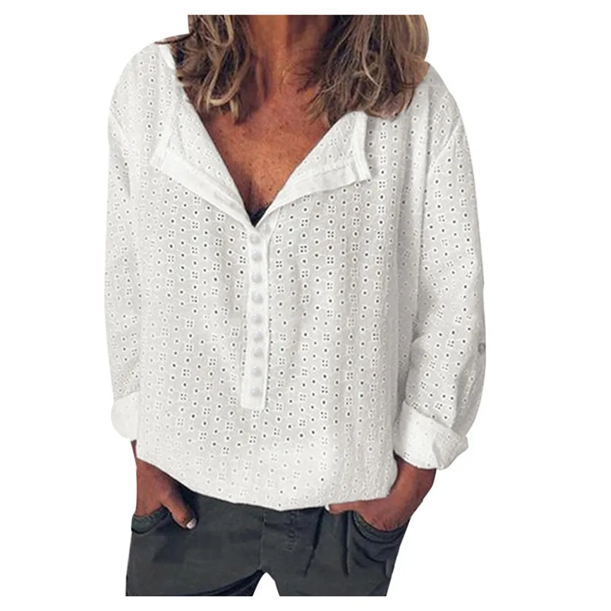 Осенняя винтажная Офисная Женская рубашка однотонная с кружевом длинным рукавом