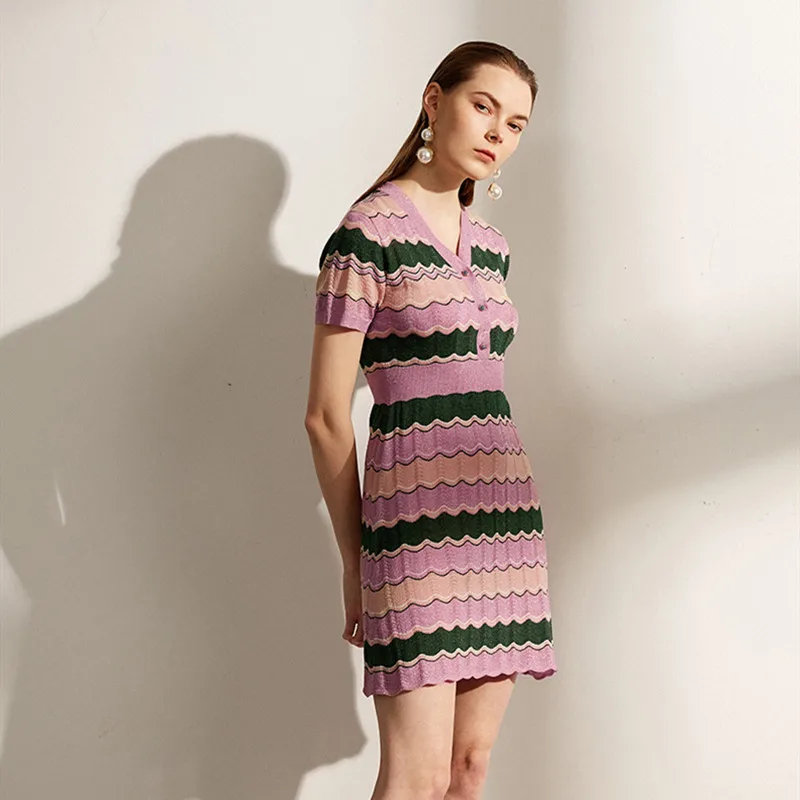 Женское платье-свитер тонкое трикотажное платье в полоску с цветными волнами 2020 |