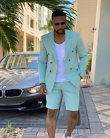 tailored made mint green double breasted mens suits short pants summer beach groom suit casual business wedding best man blazer
