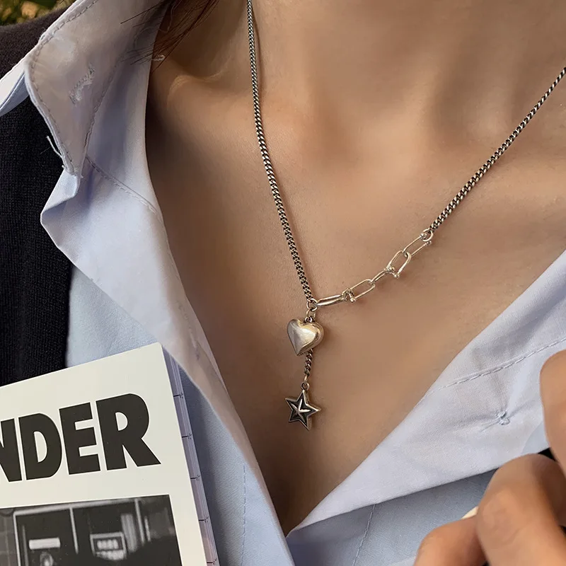 

Женская цепочка на шею, модная серебряная бижутерия 925 пробы, женское ожерелье в стиле ретро со звездами, подвеска, новые изящные женские акс...