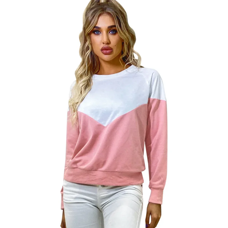 

Autumn Women Sweatshirts Round Neck Loose Spliced Color Basic Vintage Clothes Aesthetic Long Sleeve Pullover Tops
