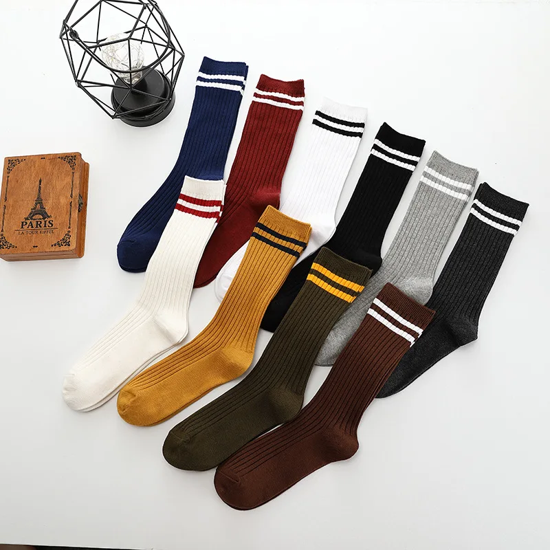 

3 pairs New Style WOMEN'S Socks Two Bars Vertical Striped Tube WOMEN'S Socks Japanese-style College Style Bunchin