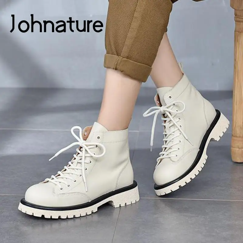 

Johnature Genuine Leather Women Boots Ankle Shoes Lace-Up Round Toe Flat With Concise 2021 New Handmade Leisure Platform Boots