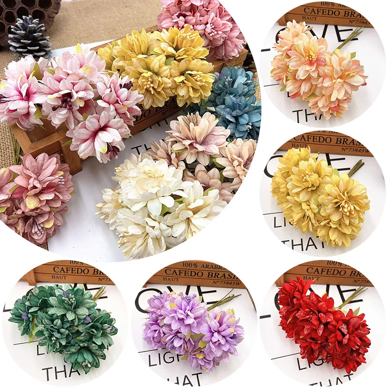 

6pcs/Lot mini Carnation Bouquet Silk Artificial Flowers DIY Handmade Wreath Scrapbook Wedding Decoration Craft Fake Flower