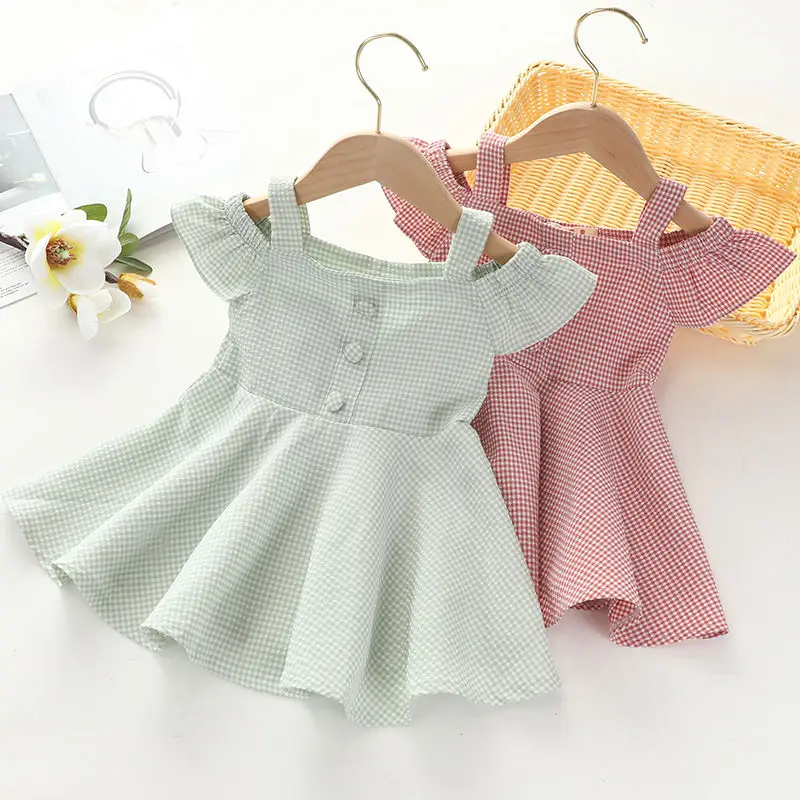 

2021 Plaid New Casual Fashion Cute Girls cotton summer Dress short Sleeve Kids Children Clothes P588