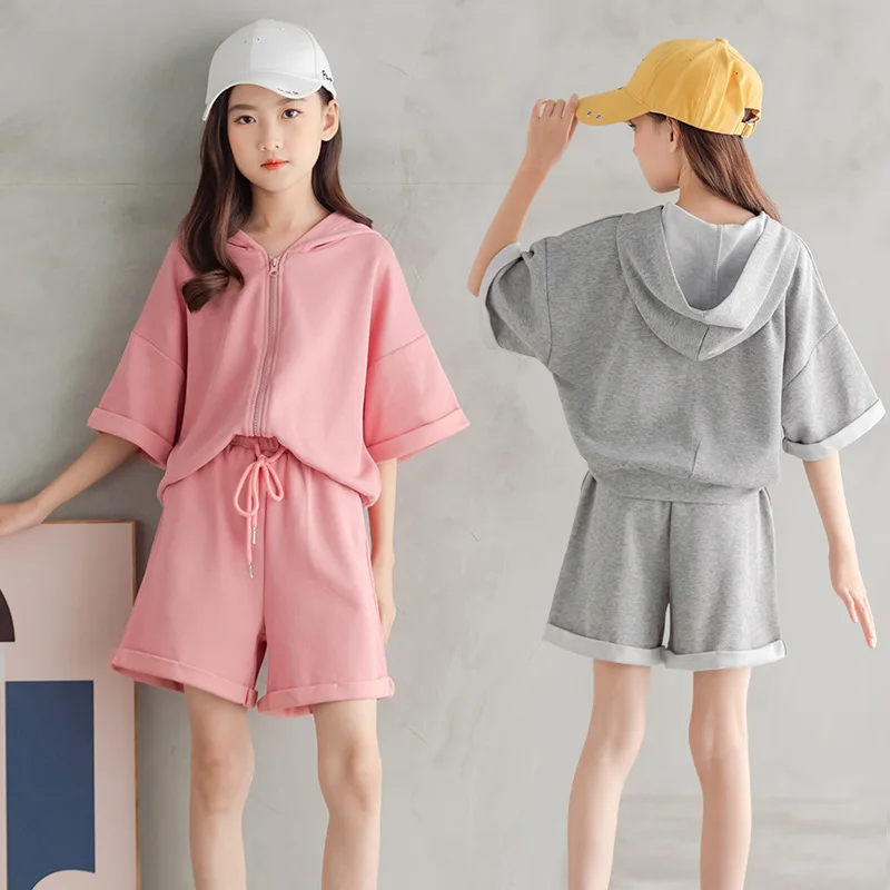 

Girls Two Piece Suit Short 2021 Summer Hedging Cotton Single-Breasted Casual Style Sets Childrens Clothing 4-15 Years Old