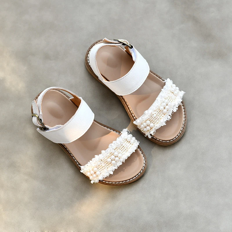 

Cowhide Children's Sandals High-grade Genuine Leather Girls Beach Saltwater Sandals Non-slip Sole Pearls Toddler Shoes Sandals