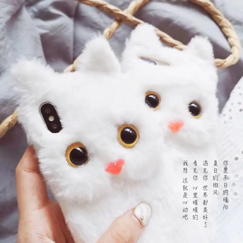 Kawaii чехол для телефона с черными глазами и кошками Iphone 11 11pro Max X Xs Xsmax Xr плюшевый 6 7 8