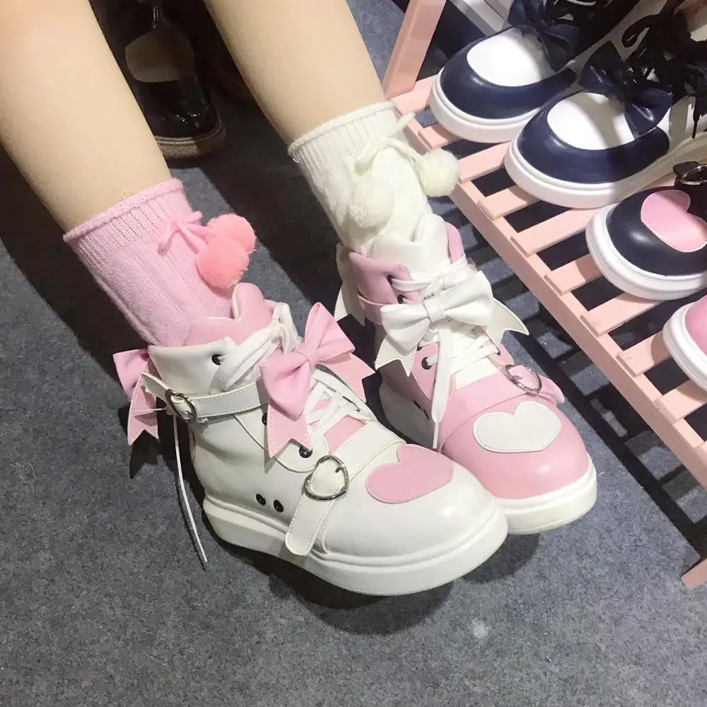 

Korean Harajuku Style High help Bowknot Princess Kawaii Girl Women Shoes Tea Party Cos Loli Round Head Women Shoes