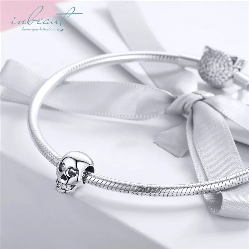 S925 стерлингового серебра fit Pandora браслет Хэллоуин бусины-черепа 925 Белые циркониевые зубы подвески-талисманы со скелетами для цепи DIY ювелирные изделия