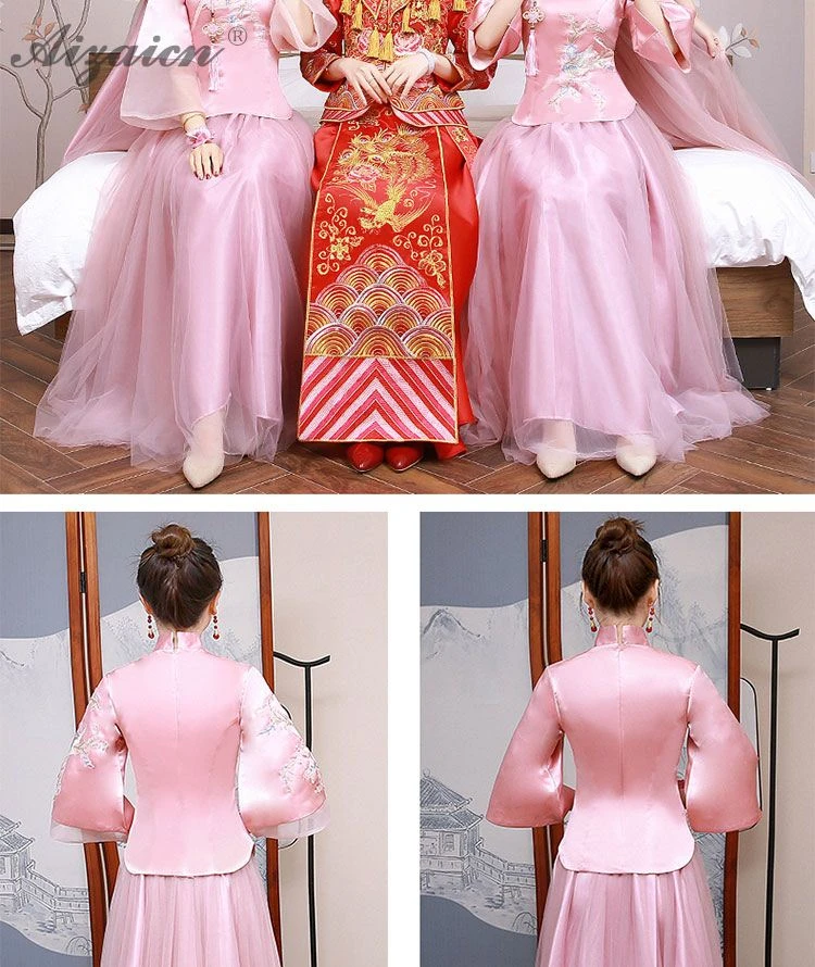 Модная розовая Пряжа юбка длинный Cheongsam Современная Подружка невесты винтажное платье Qi Pao женское традиционное китайское платье Qipao акция