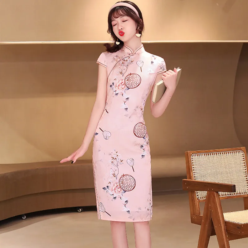 

Платье-Ципао женское атласное с цветочным принтом, винтажный элегантный вечерний наряд в восточном стиле, с воротником-стойкой, в китайском...