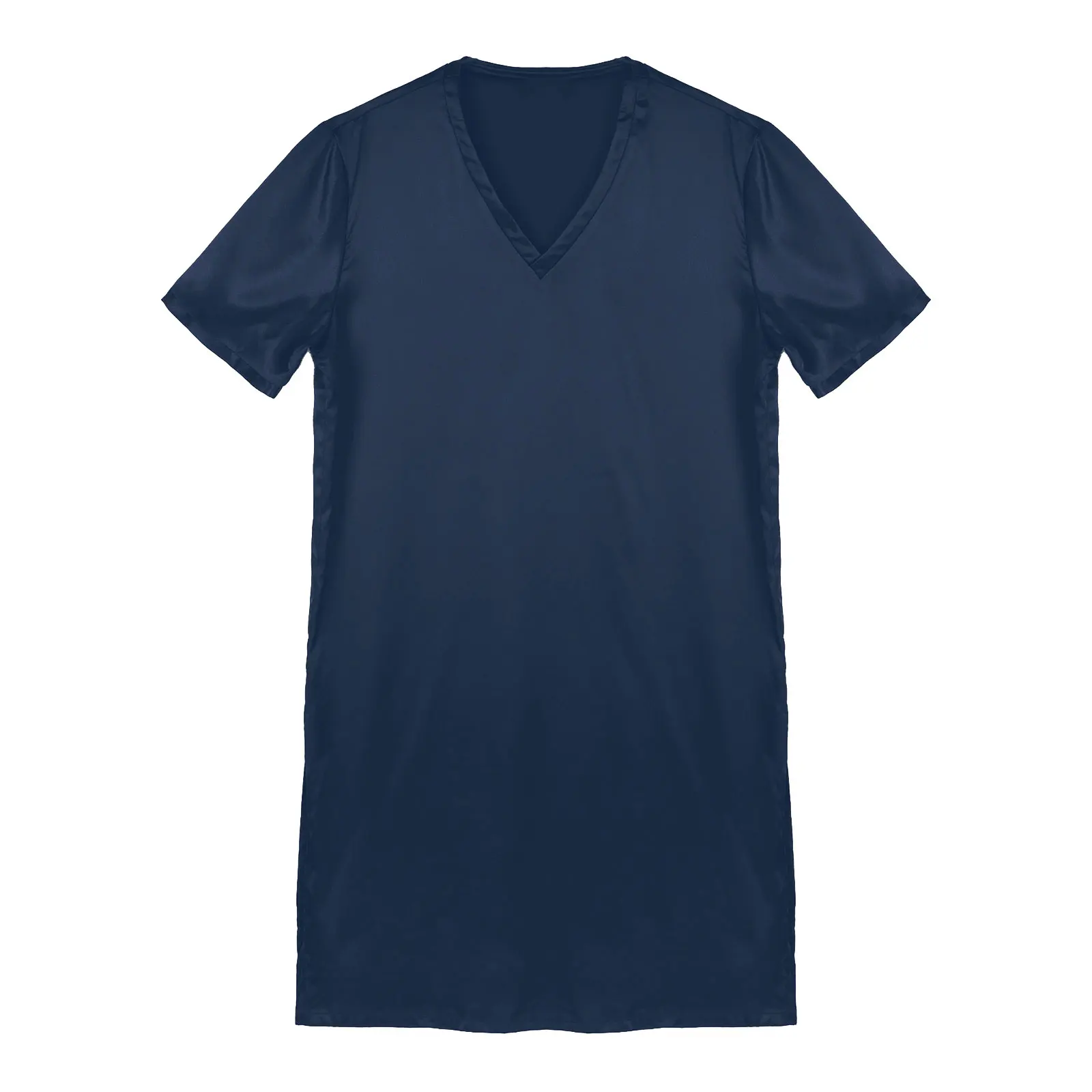 Men Satin Pyjama Sleep Tops Nightshirts Adult Summer Soft Solid Color V Neck Short Sleeve Sleepwear Casual Home Wear Nightwear