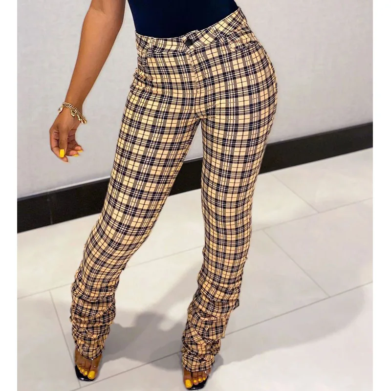 

Штаны ZKYZWX женские в клетку, модные эластичные облегающие брюки-клеш со средней талией, на пуговицах, повседневные брюки, весна-осень