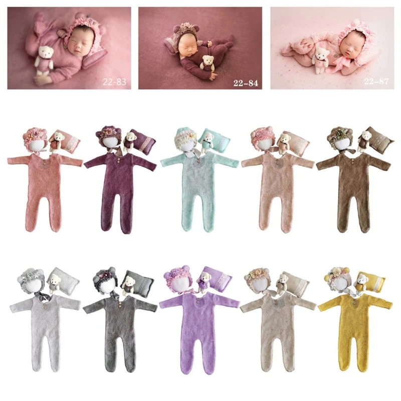 

4 Pcs/Set Photo Shooting Clothing Outfits Baby Infants Hat Pillow Romper Jumpsuit Bear Doll Newborn Photography Props