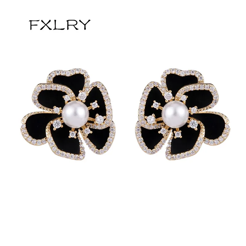 

FXLRY Fashion Vintage Black Rose Flower Micro-inlaid Zircon Stud Earrings Rose Gold Color Earrings For Women/Girls Jewelry