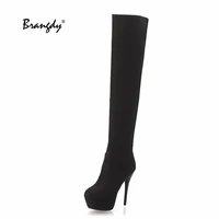 brangdy faux flock over the knee boots woman fashion pointed toe high heeled thigh high boots female winter warm long boots