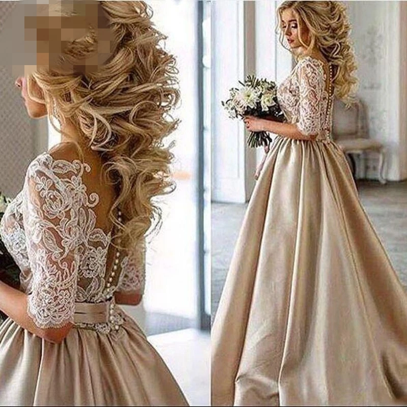 

Винтажное кружевное свадебное платье цвета шампанского 2020 с отвесным вырезом, африканские Свадебные платья на пуговицах, Дубай, арабское п...