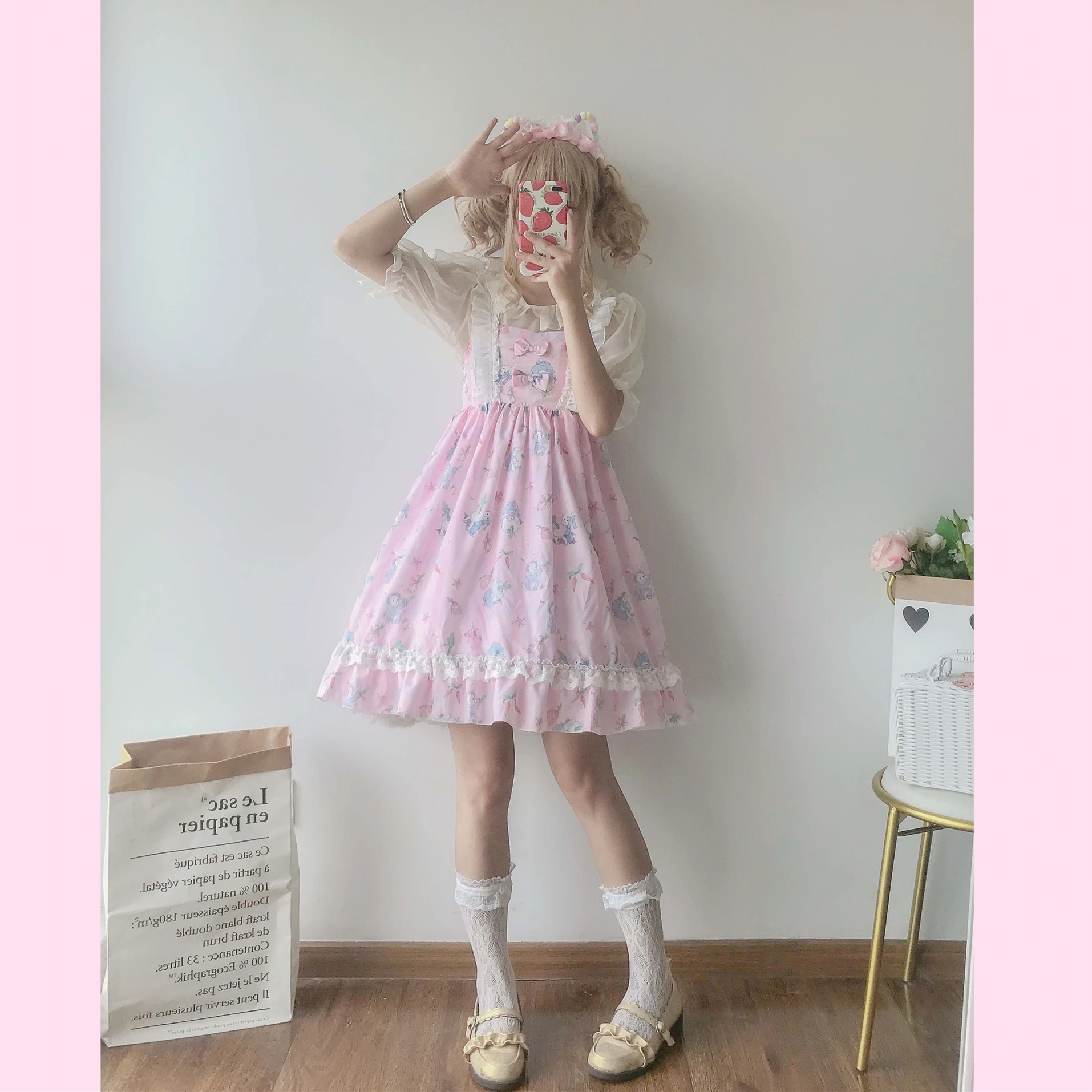 

Kawaii Japanese Lolita dress Soft Sister Dress Cute Bunny Print Lolita Girl Sling Dress