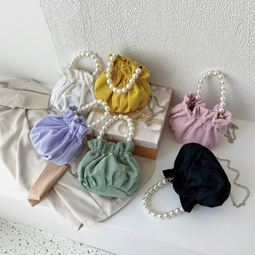 

Women Pearl Chain Bucket Bags Portable Corduroy Fashion Exquisite Shopping Handbag Solid Color Shoulder Crossbody Purse