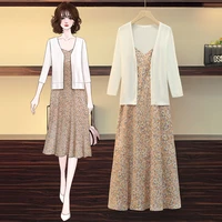 ehqaxin summer autumn plus size ladies dress set fashion all match button knit cardigan sling floral dress two piece set m 4xl
