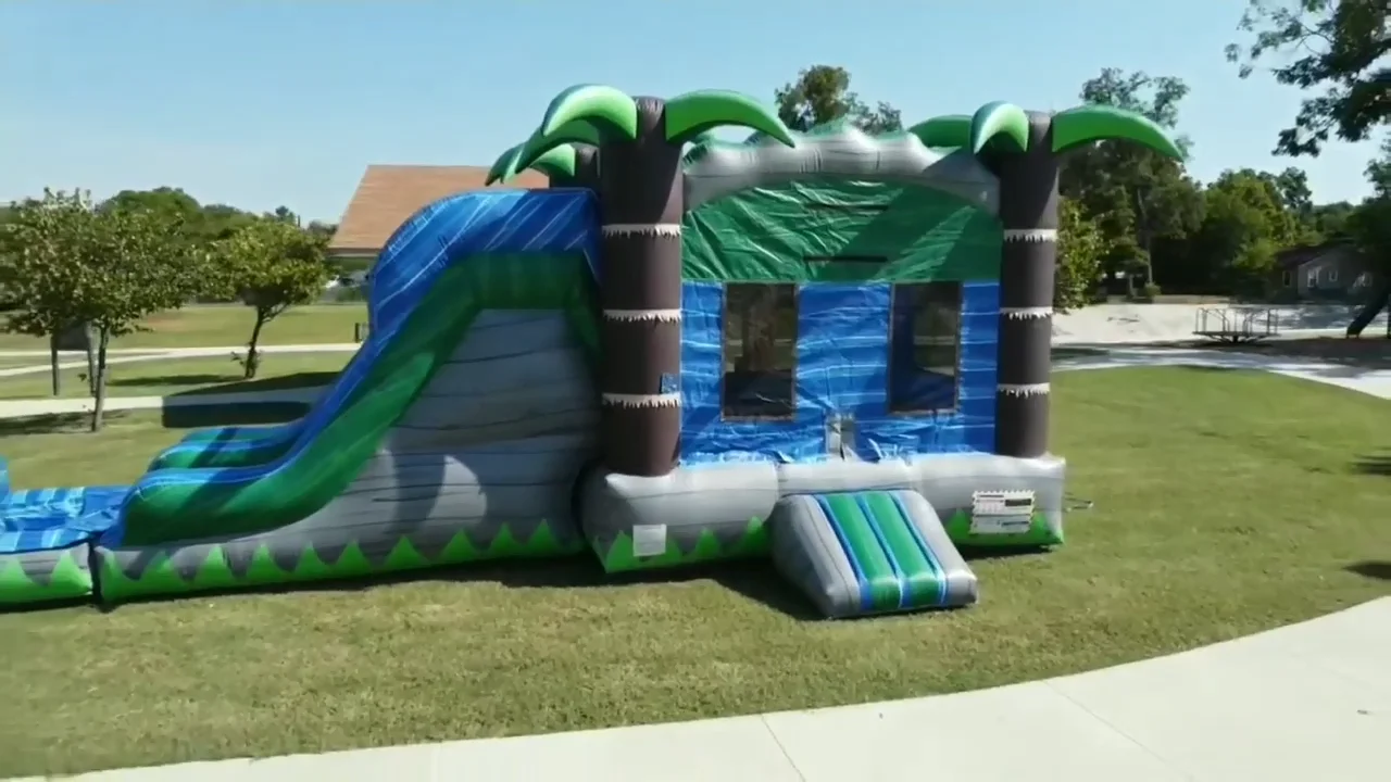 

Outdoor jumping castle kids inflatable bouncer green crush tropical bounce house water slide