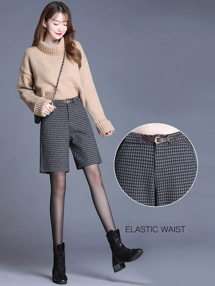 Женские шерстяные шорты свободного покроя с высокой талией клетчатые большого