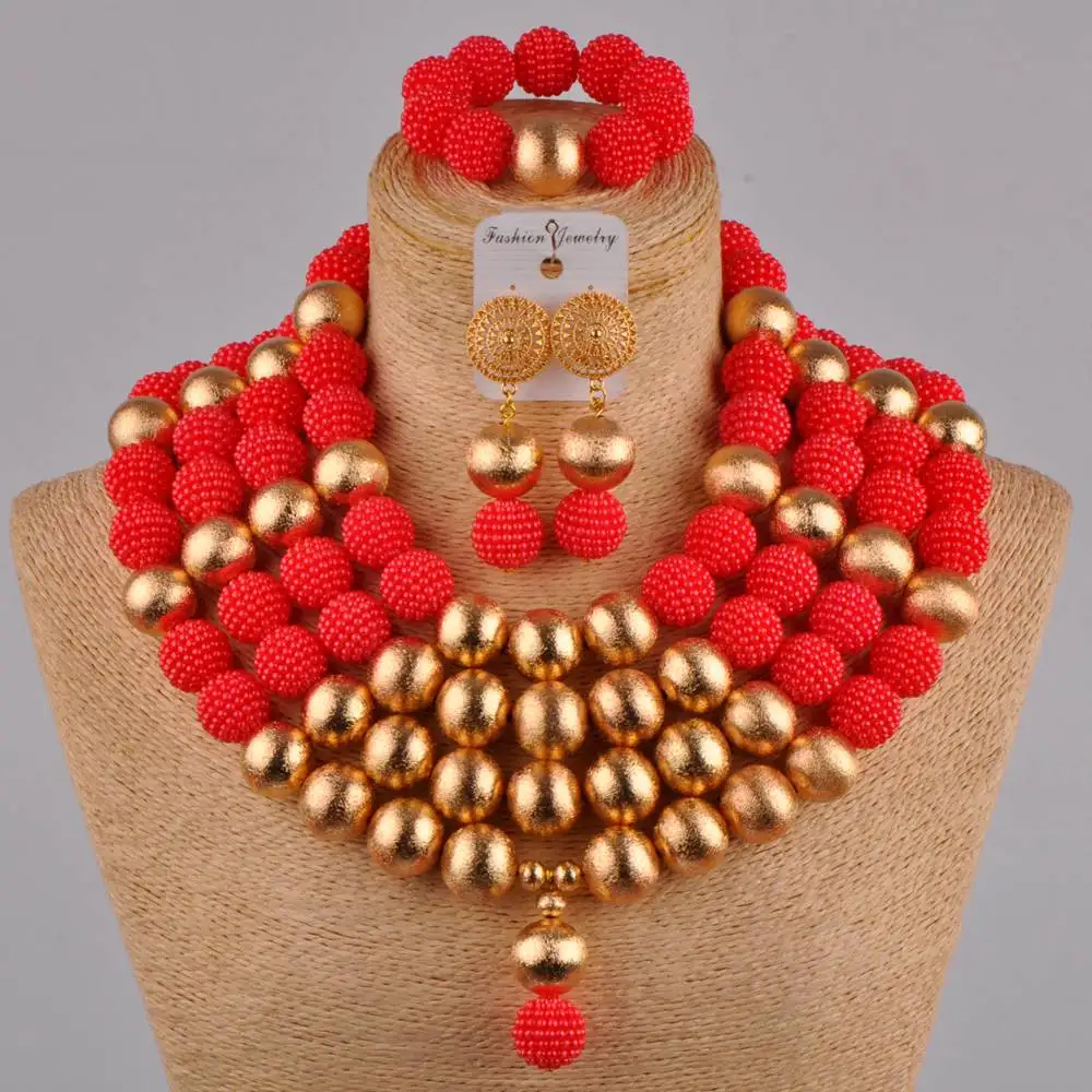 Красные Африканские свадебные бусы с имитацией жемчуга нигерийское ожерелье
